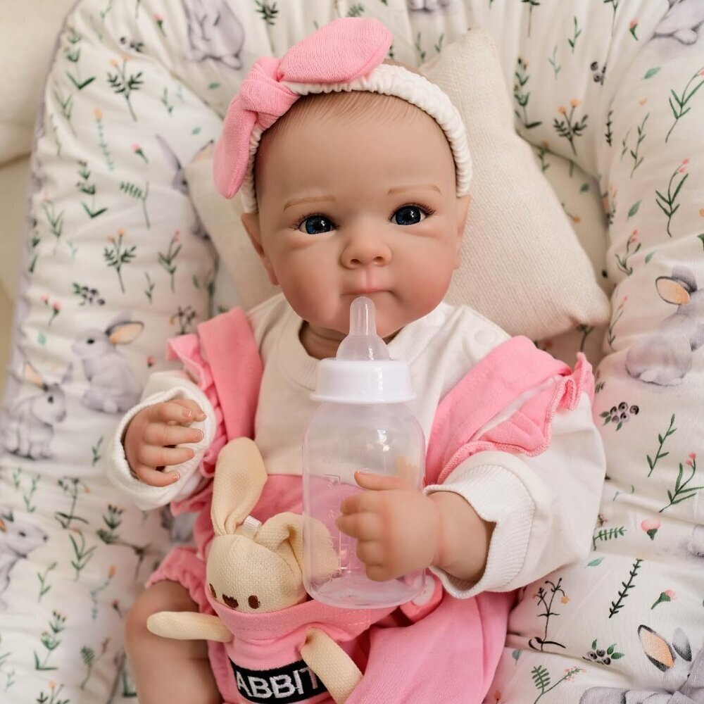 🆕18Inch Realistic Full Vinyl Body Newborn Girl Pink Overalls Bunny Accessory